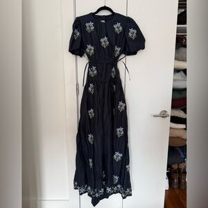 AGUA BY AGUA BENDITA Embroidered Samba Maxi Linen Dress in Navy